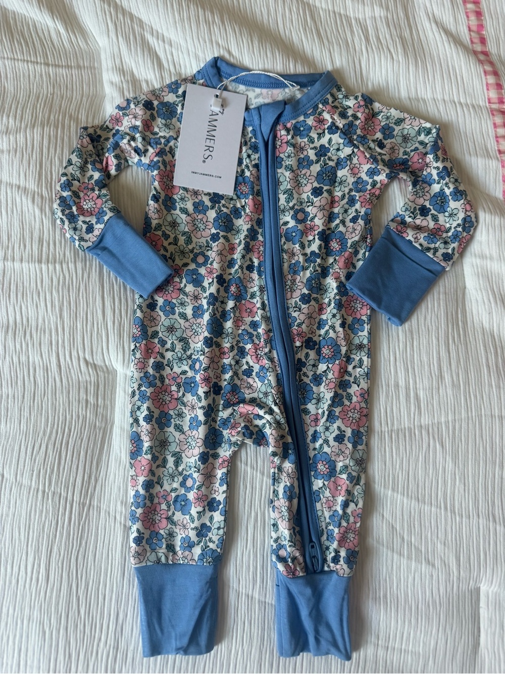 In my Jammers Floral Zip-Front Kids Footie in Blue and Pink
